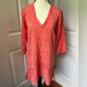 Johnny Was Tunic Women’s Sz XS Eyelet Coral Boho Floral Western Coastal Beach